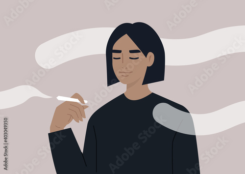 The young relaxed female character holding a joint surrounded by smoke clouds, modern lifestyle