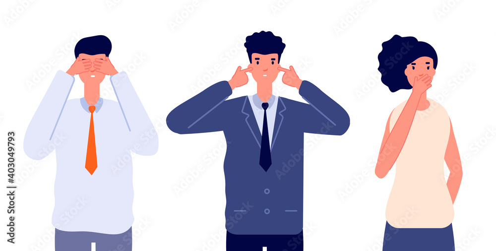 Fototapeta premium Three wise characters. Ignore or avoid, business people see no evil hear no evil and speak no evil. Emotional person utter vector characters. Metaphor people three, moral proverb wise illustration