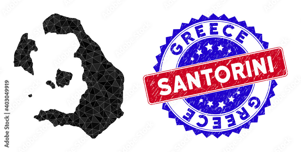 Santorini Island map polygonal mesh with filled triangles, and unclean bicolor stamp print. Triangle mosaic Santorini Island map with mesh vector model, triangles have different sizes, and positions,