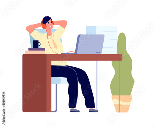 Lazy manager. Business concept, man procrastination at work. Busy male listen music, tired bored guy in anticipation vector character. Business man or employee procrastination at computer illustration