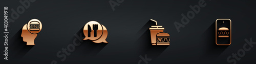 Set Online ordering and delivery, Cafe restaurant location, Paper glass burger and icon with long shadow. Vector.