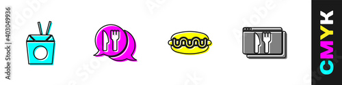 Set Asian noodles and chopsticks, Cafe restaurant location, Hotdog sandwich and Online ordering delivery icon. Vector.