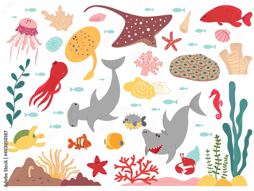 Fototapeta premium Cartoon marine life. Sea world animal, underwater fish plants objects. Ocean wild fauna shark, flat aquarium decent vector characters. Illustration underwater marine aquarium with seaweed and wildlife