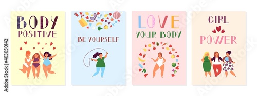 Female positive cards. Positivity posters, women power and body beauty. Happy plus size fitness girls group decent vector background. Illustration banner girly care and positivity, motivation poster