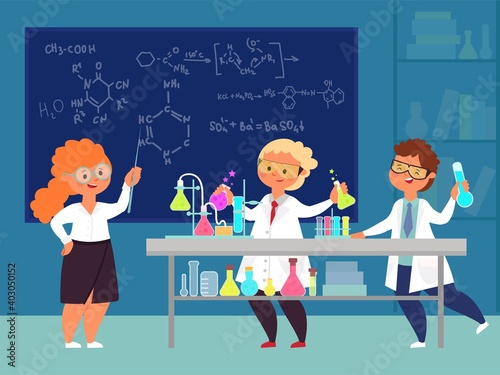 Chemistry class. Scientific study, children learning or teaching in school. New knowledge, safety science decent experience vector concept. Chemist studying at university, blackboard smart analyzing