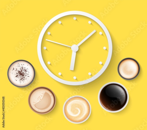 Morning coffee. Alarm clock, top view energy drink cups. Espresso americano cappuccino and latte, good day cafe vector poster. Dial clock coffee plan illustration