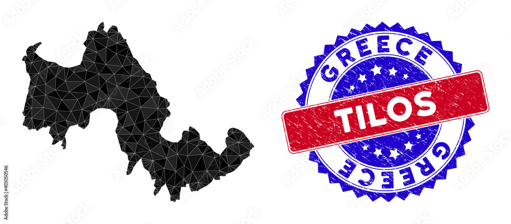 Tilos Greek Island map polygonal mesh with filled triangles, and textured bicolor stamp print. Triangle mosaic Tilos Greek Island map with mesh vector model, triangles have randomized sizes,