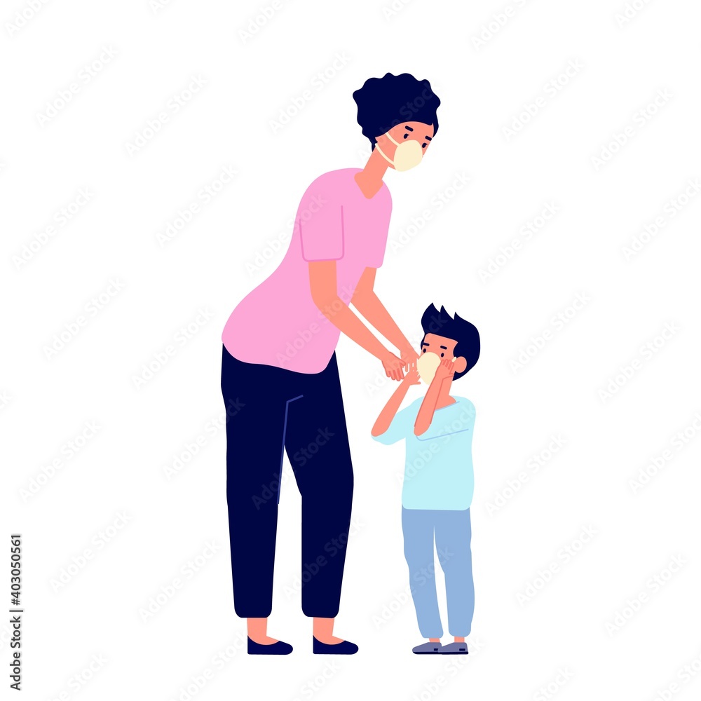 Child in mask. Mother care, mask prevention flu or cold. Woman putting facial protection on her boy, health safety utter vector characters. Protection mask medical virus, woman and son illustration Child in mask. Mother care, mask prevention flu or cold. Woman putting facial protection on her boy, health safety utter vector characters. Protection mask medical virus, woman and son illustration