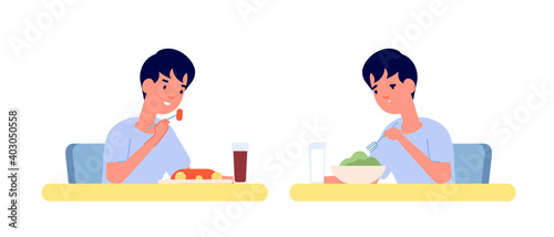 Boy eating. Home breakfast, healthy vs unhealthy food. Toddler at table, vitamine or fast food lunch. Hungry child utter vector characters. Illustration boy eat healthy and unhealthy diet