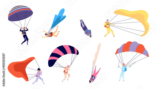 Skydiving characters. Skydiver, free jumping and sky flying. Extreme sports, people in suits fall with parachutes, vector set. Sky sport, extreme flying jump, paratrooper and parachuting illustration