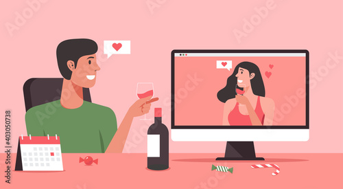 online dating concept, man character video calling to his girlfriend via on computer and staying at home with long distance relationship and virtual love, vector flat illustration