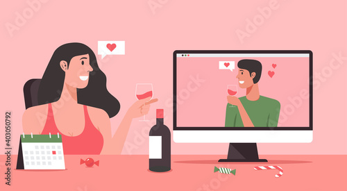 online dating concept, woman character video calling to her boyfriend via on computer and staying at home with long distance relationship and virtual love, vector flat illustration