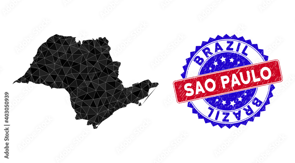 Sao Paulo State map polygonal mesh with filled triangles, and unclean bicolor watermark. Triangle mosaic Sao Paulo State map with mesh vector model, triangles have various sizes, and positions,