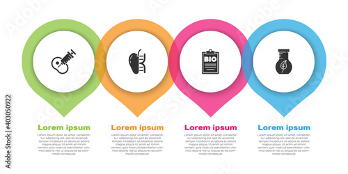 Set Genetically modified meat, apple, Document for bio healthy food and Test tube and flask. Business infographic template. Vector.