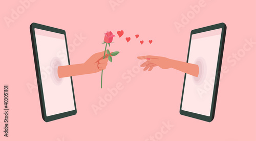 online dating or long distance relationship and virtual love concept, male hand giving rose to female hand via smartphone screen, vector flat illustration