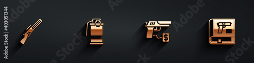 Set Hunting gun, Hand smoke grenade, Buying pistol and Book with or icon with long shadow. Vector.
