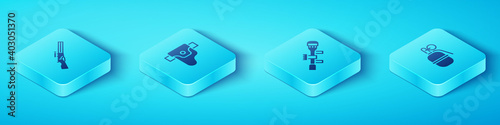 Set Isometric Hunting gun, Gun holster, Hand grenade and Sniper optical sight icon. Vector.