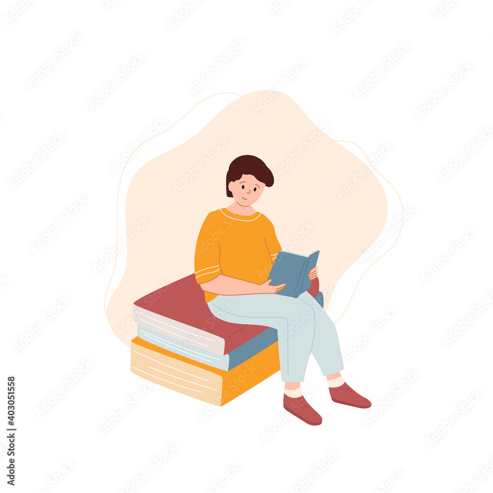 Boy sitting at the abstract big books and reading. Concept of distance studying, learning, self education. Vector illustration in flat style isolated on white background. Character design.