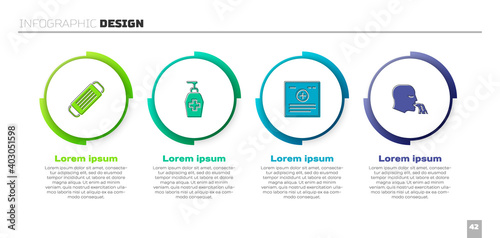 Set Medical protective mask, Liquid antibacterial soap, Clinical record and Vomiting man. Business infographic template. Vector.