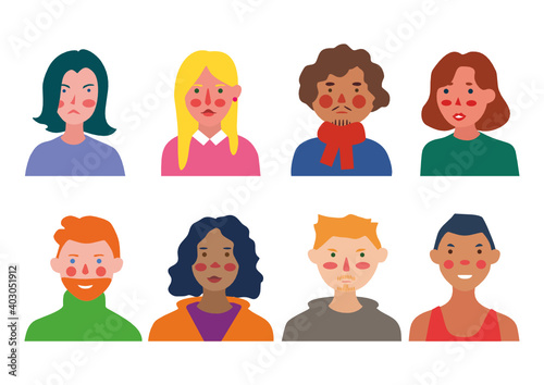 Bright people portraits set - hand drawn flat style vector design concept illustration of young men and women, male and female faces and shoulders avatars. Flat style vector icons set