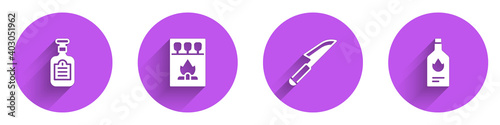 Set Sauce bottle, Matchbox and matches, Knife and Tabasco sauce icon with long shadow. Vector.