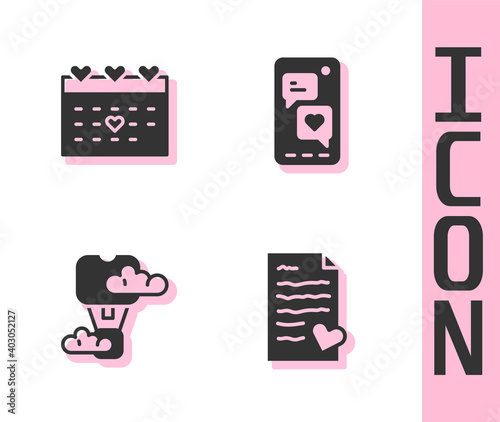 Set Envelope with Valentine heart, Calendar, Romantic hot air balloon and Mobile icon. Vector.