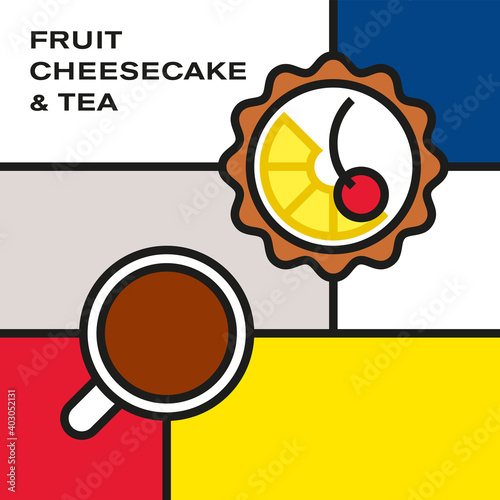 Mini  fruit cheesecake with tea cup. Pineapple and cherry cheesecake. Modern style art with rectangular color blocks. Piet Mondrian style pattern.