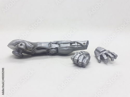 Silver Metallic Stainless Steel Mechanic Cyborg Body Parts in White Isolated Background
