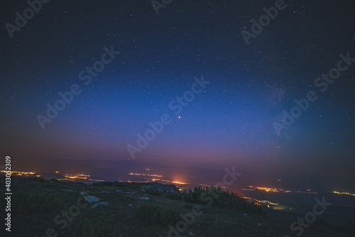 Sunset panorama in High Tatras mountains national park. Mountain popradske lake in Slovakia. photo