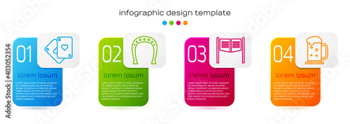 Set line Playing cards, Horseshoe, Saloon door and Wooden beer mug. Business infographic template. Vector.
