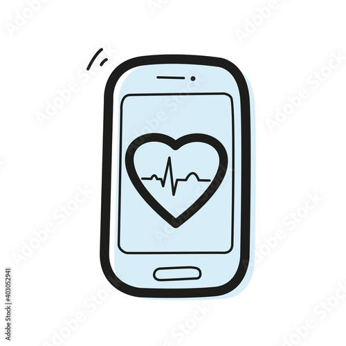 Vector linear color icon in the form of a smartphone with a heart and an ECG graph inside. Telemedicine and cardiology concept.