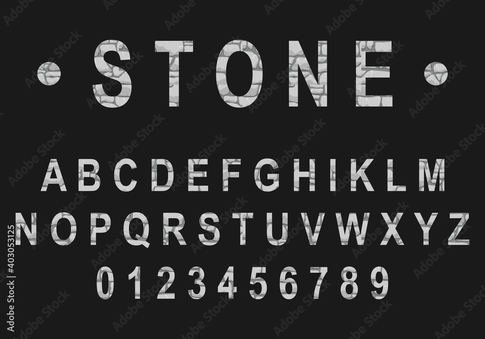 Font in the form of a natural stone on a black background. Realistic stone font. Vector, cartoon illustration. Vector. Font in the form of a natural stone on a black background. Realistic stone font. Vector, cartoon illustration. Vector.