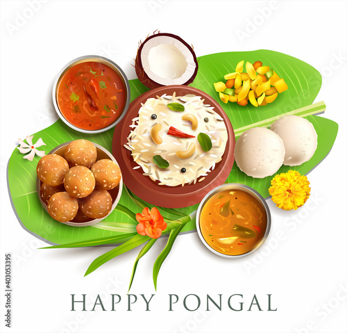 Greeting background with traditional food (ven pongal, idli, sambar, rasam, laddu) served on banana leaf for Indian harvest festival Pongal (Makar Sankranti). South Indian festive dishes. Vector.