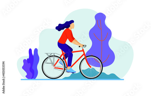 The girl rides a bicycle. Healthy lifestyle. Illustration in flat style