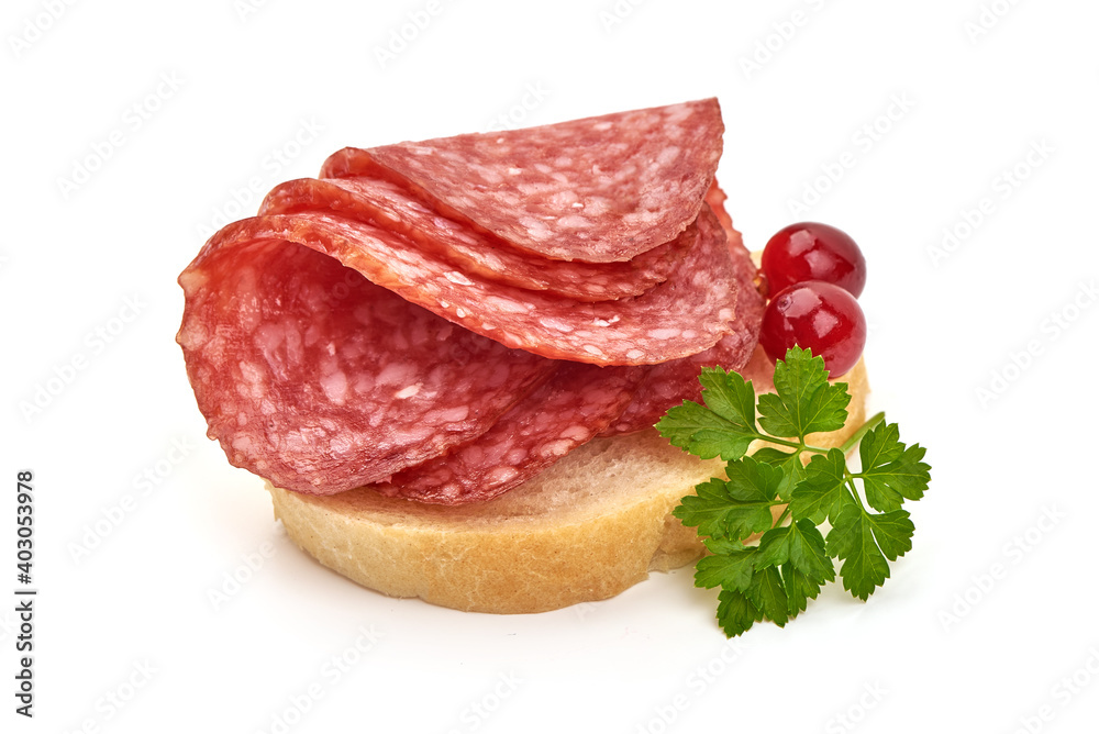 Smoked salami slices, isolated on white background Smoked salami slices, isolated on white background