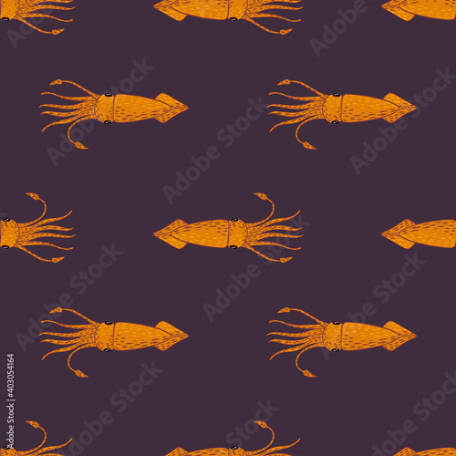 Doodle seamless animal pattern with marine orange squids shapes. Purple background.