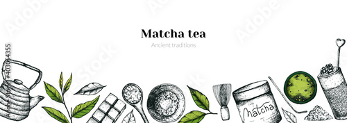 Vector horizontal banner illustration with Japanese matcha tea. Open-page spread with elements for the green matcha tea ceremony