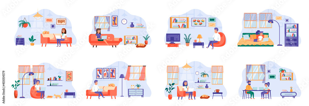 People stay at home scenes bundle with people characters. Men and women working at home remotely during a pandemic, communicate with family during quarantine. Collection flat vector illustration.