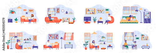 Fototapeta Naklejka Na Ścianę i Meble -  People stay at home scenes bundle with people characters. Men and women working at home remotely during a pandemic, communicate with family during quarantine. Collection flat vector illustration.