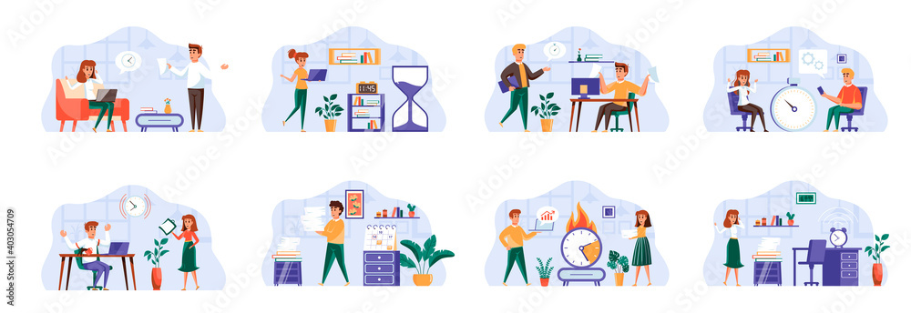 Fototapeta Deadline scenes bundle with people characters. Tired employees hurrying up on project deadline, stressful situation and overtime work. Time management and work effectivity flat vector illustration.