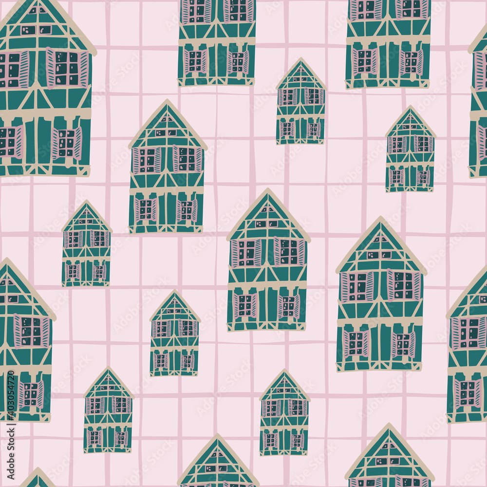 Random seamless pattern with green colored house silhouettes. Light pink chequered background.
