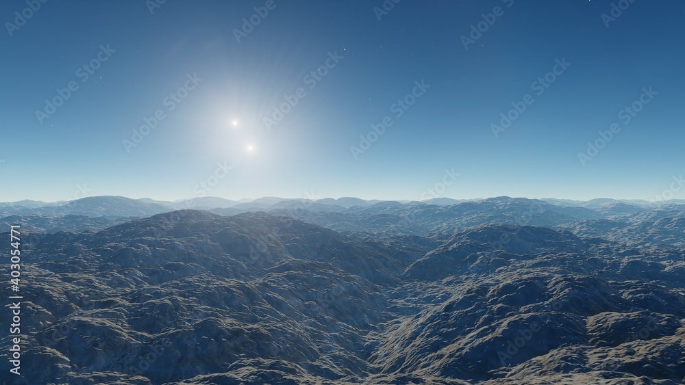Fototapeta premium alien planet landscape, science fiction illustration, view from a beautiful planet, beautiful space background 3d render
