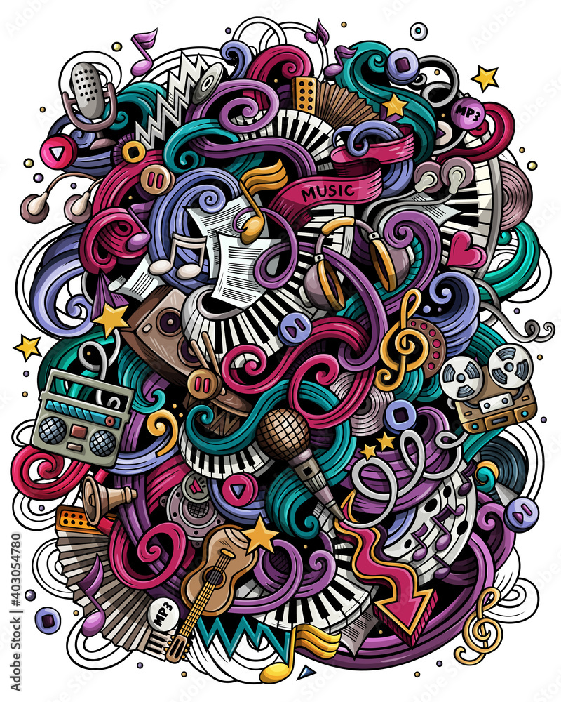 Music hand drawn raster doodles illustration. Musical poster design