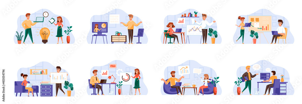 Business meeting scenes bundle with people characters. Negotiation of partners, manager making presentation, teamwork of colleagues in office situations. Corporate partnership flat vector illustration Business meeting scenes bundle with people characters. Negotiation of partners, manager making presentation, teamwork of colleagues in office situations. Corporate partnership flat vector illustration