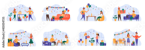 Party scenes bundle with people characters. Friends drinking and having fun together, congratulating and presenting gifts situations. Birthday party with festive decoration flat vector illustration.