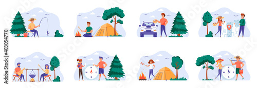 Camping scenes bundle with people characters. Mushroom hunting, traveling with camping tent, play guitar and sausage roasting on campfire, fishing situations. Summer camping flat vector illustration.