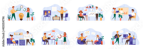 Business meeting scenes bundle with people characters. Negotiation of partners, manager making presentation, teamwork of colleagues in office situations. Corporate partnership flat vector illustration