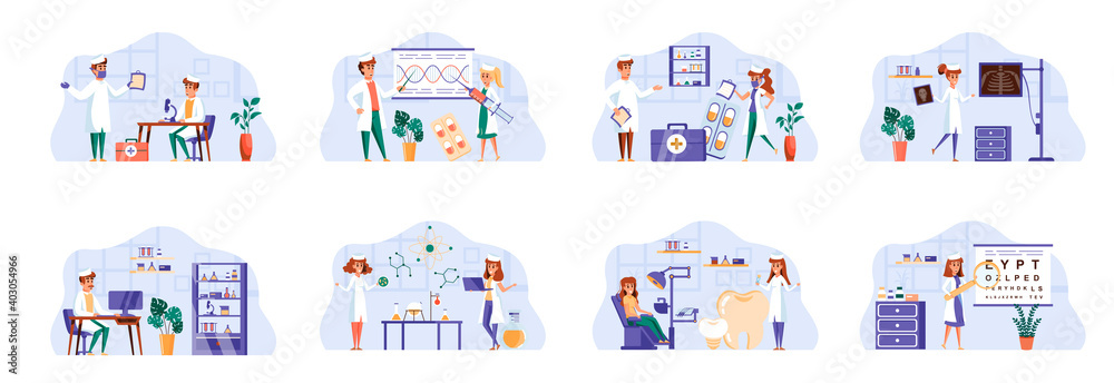 Medicine scenes bundle with people characters. Laboratory diagnostics, genetic research, ophthalmology, radiology and stomatology situations. Diagnosis and treatment in clinic flat vector illustration