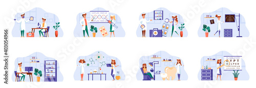 Medicine scenes bundle with people characters. Laboratory diagnostics, genetic research, ophthalmology, radiology and stomatology situations. Diagnosis and treatment in clinic flat vector illustration