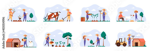 Farmers scenes bundle with people characters. Farmers planting and watering trees, gardening and animal husbandry, milking cow and goat situations. Agricultural workers flat vector illustration.